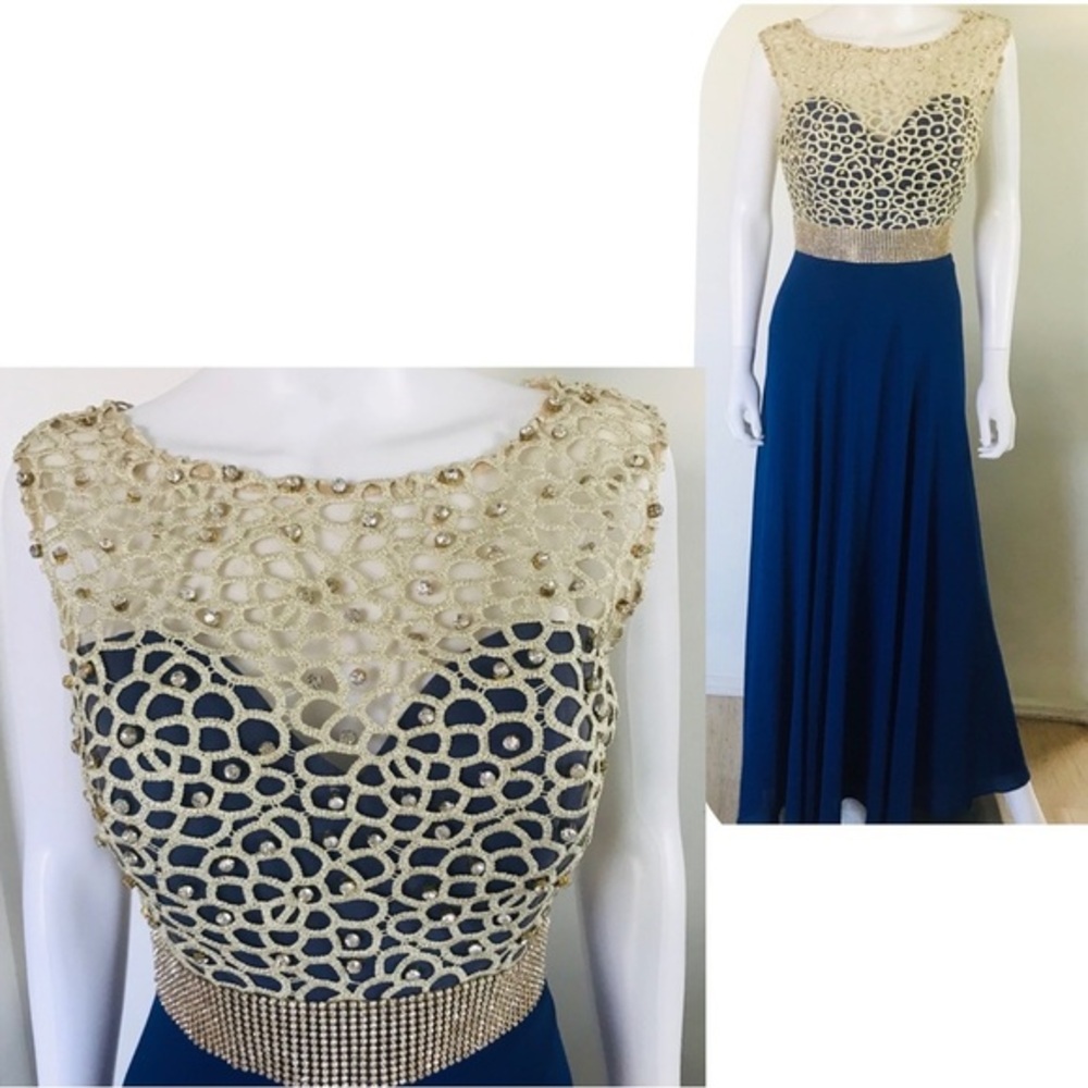 SALE💥Women Long A-line Dress Sweetheart Rhinestone Chiffon‎ Gold/Blue Prom Gown